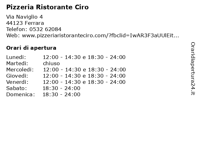 Orari di apertura Pizzeria Ristorante Ciro Via Naviglio